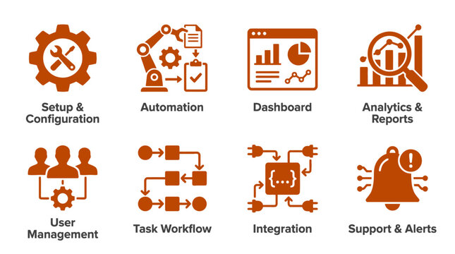 Set of eight orange flat business management and software development icons.