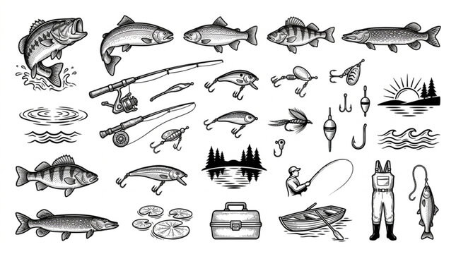 Collection of Hand Drawn Fishing Elements and Aquatic Life.