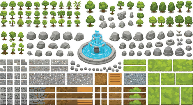 Isometric game environment asset kit with trees rocks fountain and ground tiles for strategy map design