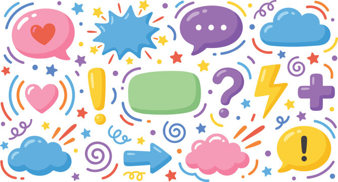 Colorful Doodle Vector Icon Set Featuring Speech Bubbles, Clouds, Arrows, Symbols, Hearts, Question Marks, and Lightning for Fun and Creative Illustrations