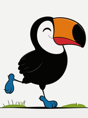 Fototapeta premium This is a flat cartoon illustration of a smiling toucan walking on grass, with simple clean line art and bright color blocks.