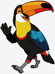 Fototapeta premium A flat cartoon illustration of a toco toucan, smiling and waving while walking, with distinctive colorful beak and plumage.