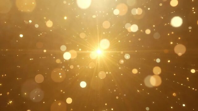 Shimmering golden bokeh lights and sparkling star particles create a luxurious abstract motion background ideal for festive, holiday, celebration, glamour, and elegant visual projects.