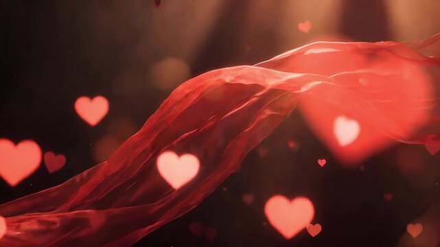 Abstract romantic animation featuring glowing floating hearts and flowing red silk fabric with soft bokeh lighting. Ideal for Valentines Day, love themes, weddings, and emotional motion backgrounds.