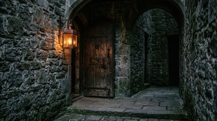 Fototapeta premium Ancient stone passageway with a rustic wooden door and glowing lantern