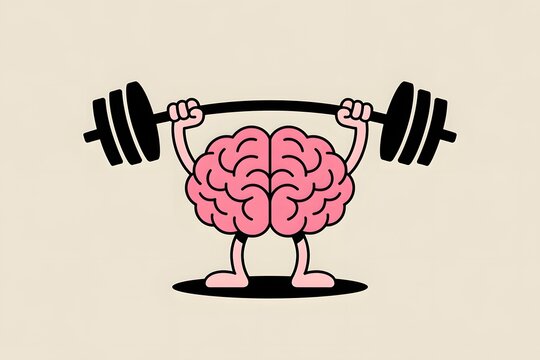 Pink brain lifting barbell weights cartoon style