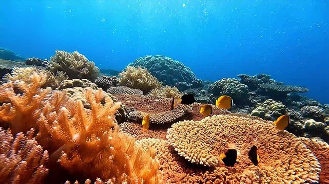 Vibrant coral reef with orange soft corals in crystal clear turquoise ocean water