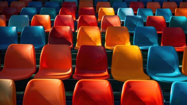 Empty stadium with symmetrical rows of colorful chairs overhead shadows Canon EOS R5 24mm f11