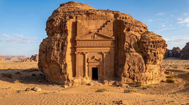 Ancient Nabataean Rock Tomb in AlUla Desert Saudi Arabia at Golden Hour