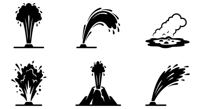 Geyser and Water Fountain Icons, Natural Hot Springs and Spouting Water Vector Set, Volcanic Eruption and Steam Cloud Graphics