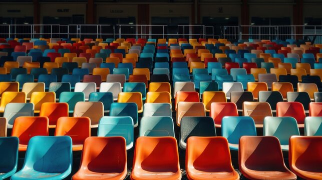 Empty stadium with symmetrical rows of colorful chairs overhead shadows Canon EOS R5 24mm f11