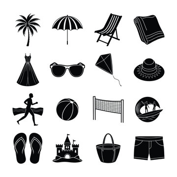 Set of summer beach vacation icons featuring beach chair, umbrella, sunglasses, flip flops, surf lesson, volleyball net, palm tree, beach bag, sandcastle, towel, swim shorts and holiday activity symbo
