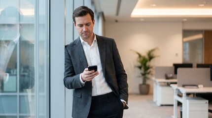 Fototapeta premium A businessman in a suit stands by a window in an office, looking at his smartphone.