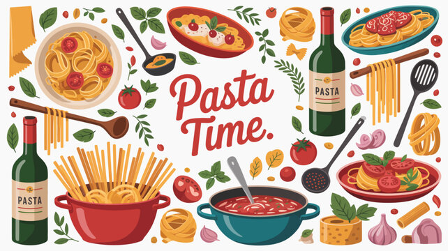colorful pasta illustration with spaghetti sauce tomatoes and wine bottles on white background