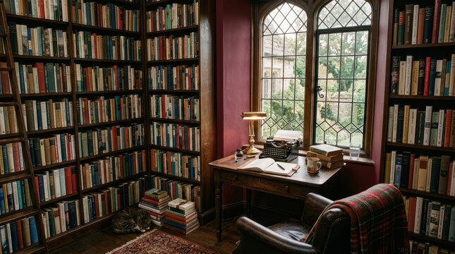 Cozy library corner with vintage typewriter, books, and sleeping cat by the window