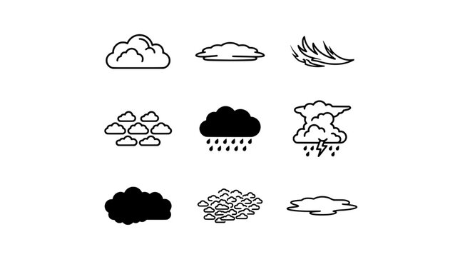Cloud weather icon set with doodle style line art, puffy shapes, rainfall and windy gust symbols for forecast graphics
