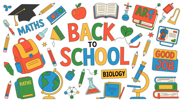 colorful back to school illustration with school supplies and academic subjects