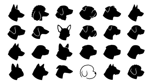 Dogs head silhouettes set with black and white profiles, various breeds and styles featuring dog, canine, silhouette with profile and illustration