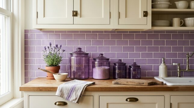 Charming kitchen counter with purple subway tile backsplash and glass canisters