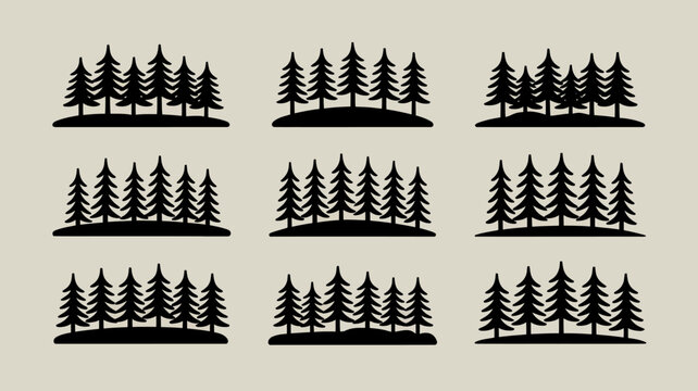 nine black silhouette pine tree groupings against a neutral beige background