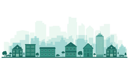 Fototapeta premium stylized flat illustration of a city skyline with buildings and trees on a white background