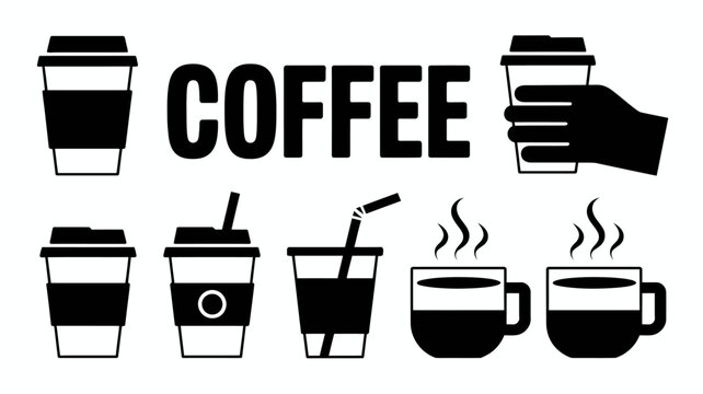 Black and white illustration of coffee cups to go containers and a hand holding a beverage