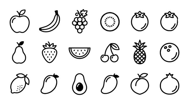 Fruits hand-drawn set with black and white line art style featuring apple, banana, grapes with watermelon and cherry elements for pineapple, pear