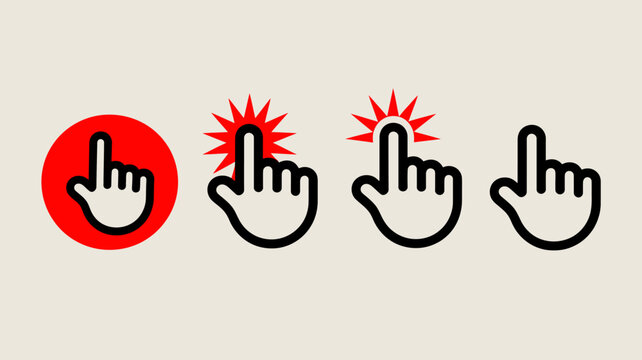 Pointing hand icons with variations in style and effect black line art on neutral background