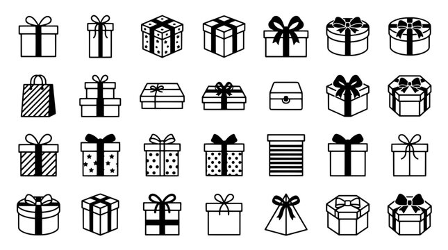 Gifts set with various shapes and patterns in black and white featuring gift, present, box with wrapping and bow elements for ribbon, pattern