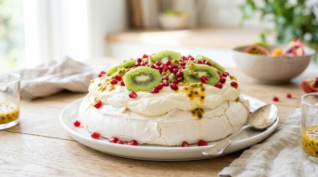 Delicious pavlova dessert topped with fresh kiwi, pomegranate, and passion fruit