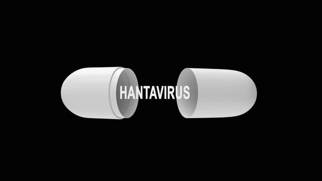 White capsule pill opens on a black background to reveal the word HANTAVIRUS in a minimal medical 3D animation