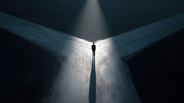 Dark atmospheric scene of a person standing at a crossroads where roads diverge in different directions. The composition symbolizes life choices, decision making, and choosing the right path.
