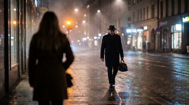 A man in a hat and trench coat walks down a wet, dimly lit city street at night, carrying a bag, with a woman walking away in the foreground.