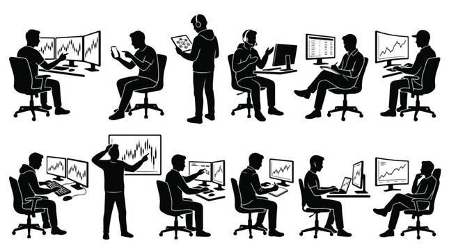 Set of silhouettes of stock market traders and financial analysts working on white background