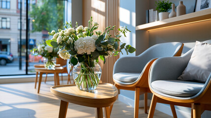 Fototapeta premium A bright modern aesthetic clinic reception opens up under gentle daylight sleek furniture arranged warmly fresh white flowers on a slim console clinic reception faceless