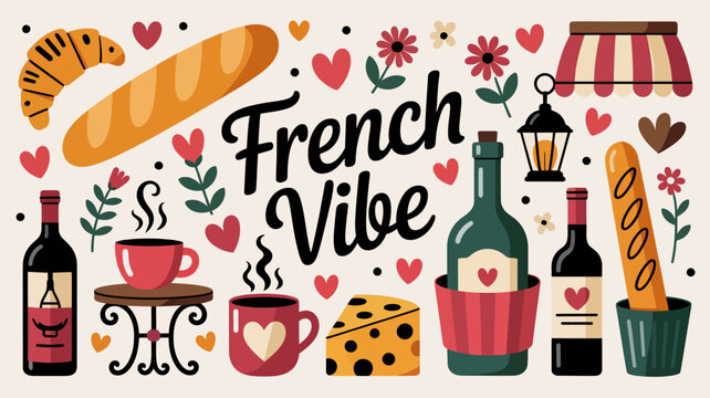 french themed illustration with pastries wine cheese and floral elements on a beige background