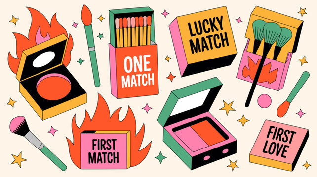 Colorful illustration of matchboxes and makeup brushes with flames and stars on a beige background