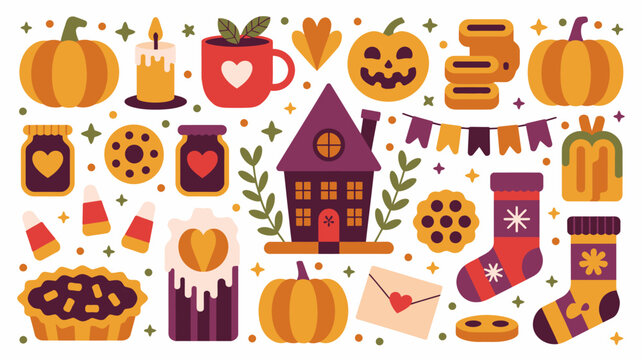 autumn and halloween themed vector illustration with pumpkins sweets and a cozy house