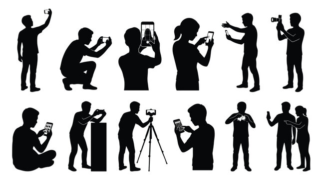 Set of silhouettes of people using smartphones for mobile photography and video on white background