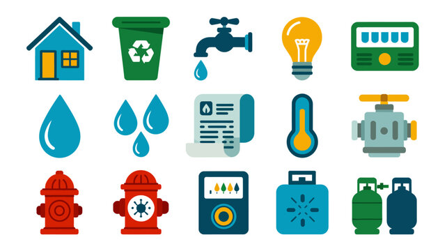 utility icons set including house recycling bin faucet lightbulb and gas tank