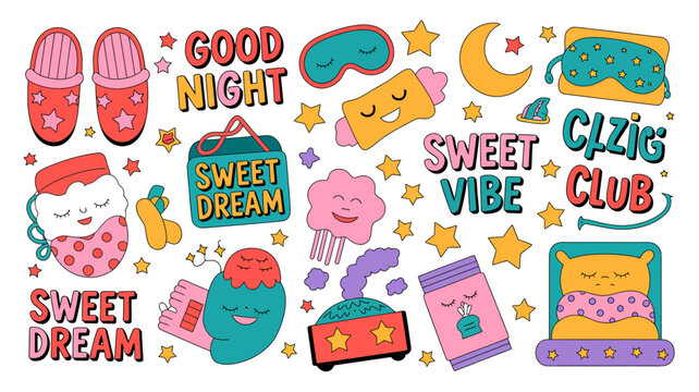 colorful illustration of sleep themed objects with text on a white background