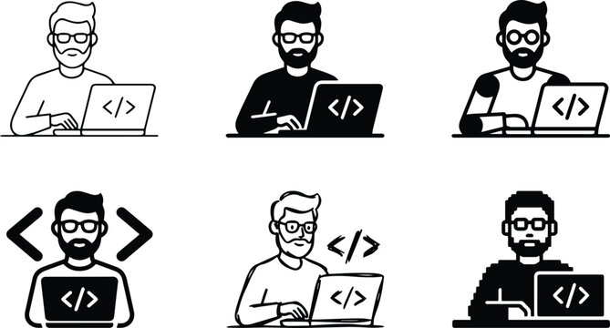 Male programmer coding icon set with developer laptop, code brackets, software engineering, web development, and technology vector illustrations isolated black collection
