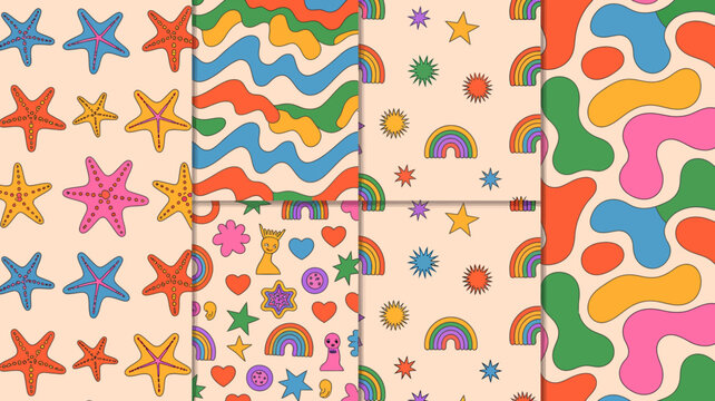 colorful retro pattern with starfish rainbows suns and wavy shapes on a beige background