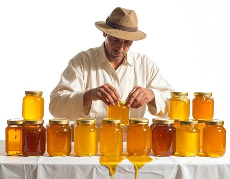 A person in a hat and lab coat examines jars of amber liquid on a white table, some overflowing