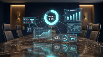 Fototapeta premium Executive Boardroom Table with Holographic Business Data Projection and Floating Charts for Corporate Strategy Meeting Concept
