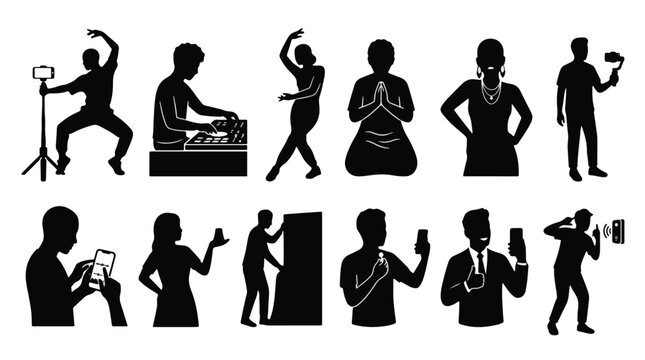 Set of silhouettes of social media content creators, vloggers, and influencers on white background