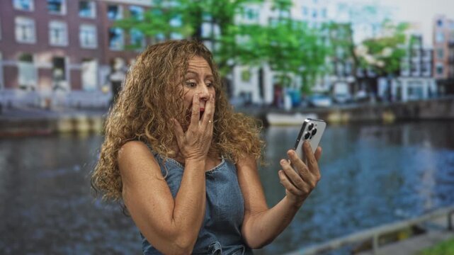 Woman holding smartphone, hand covering mouth in a shocked gesture by canal building with waterfront and row houses in view; surprise curiosity.