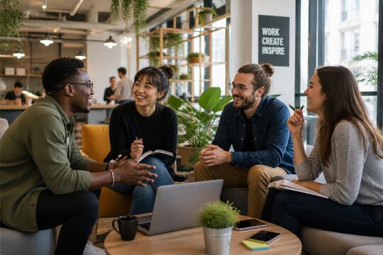 Relaxed coworkers talking in creative office lounge