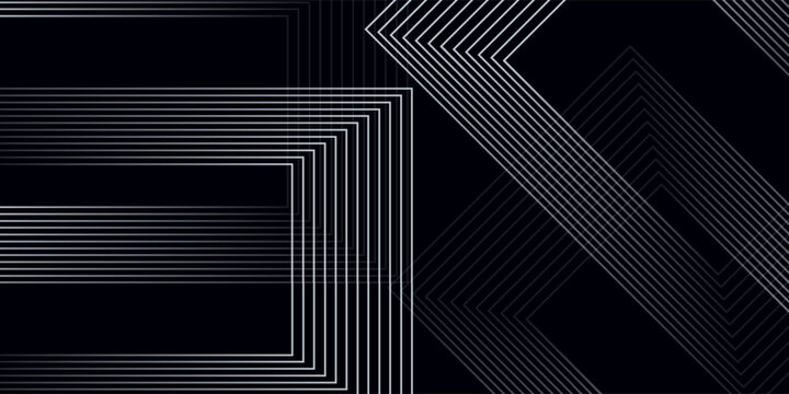 Dark background with glowing white square geometric lines pattern. Modern and futuristic shiny arrow lines design for cover, banner, brochure, presentation, website, and certificate.