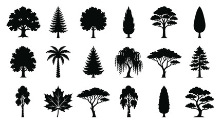 Black Tree Silhouette Vector Icon Set Featuring Various Isolated Forest, Garden, and Exotic Plants Shapes for Landscape Design and Digital Graphics © Md